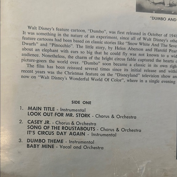 Walt Disney’s Dumbo – Original Motion Picture Soundtrack LP (1959) - Picture 4 of 13